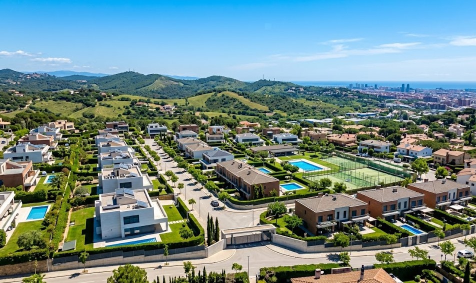 Vistas de las exclusivas villas y la urbanización privada de La Mallola en Esplugues